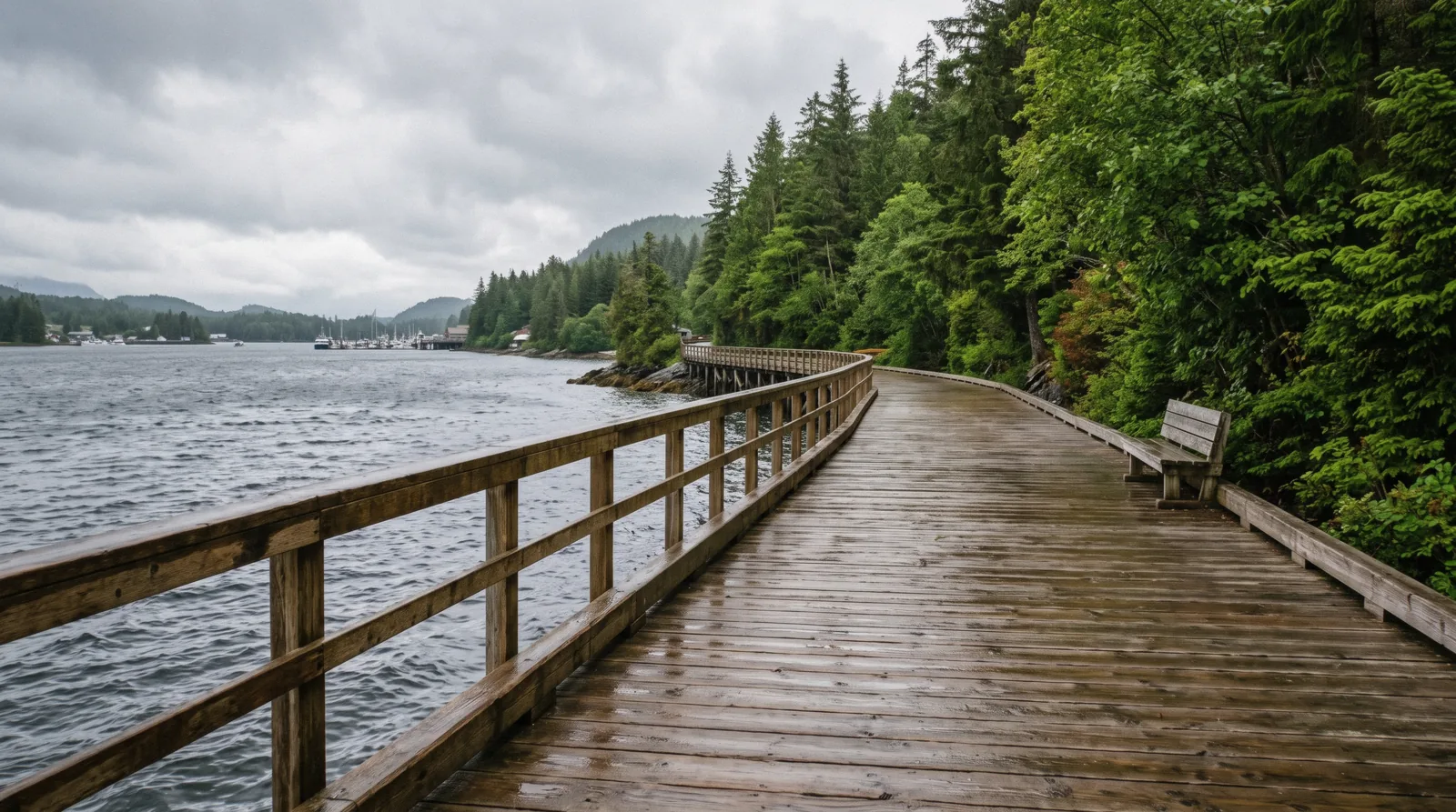 A level wooden boardwalk with a handrail running along the water in Ketchikan, Alaska, with no steps
