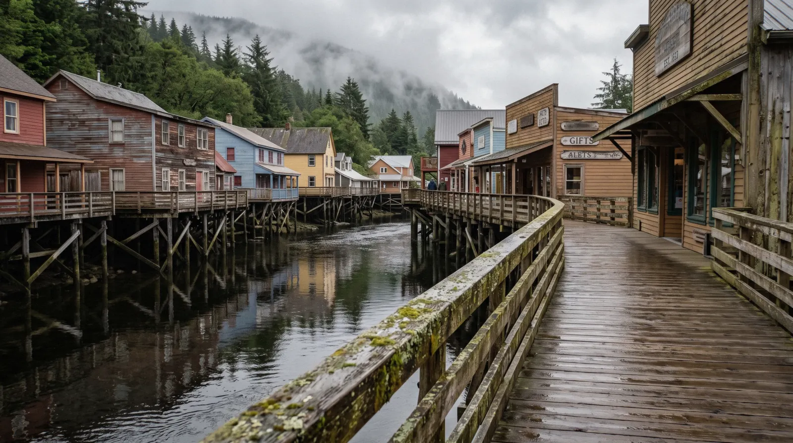 The Creek Street boardwalk on its pilings above Ketchikan Creek, the free public street in Ketchikan, Alaska