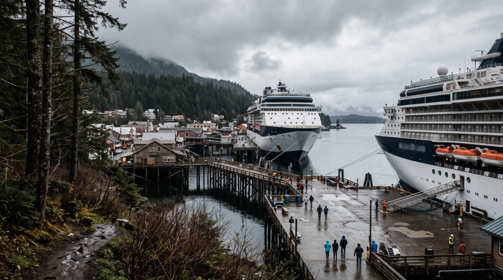 Cruise ships alongside the downtown berths on the Ketchikan cruise port waterfront
