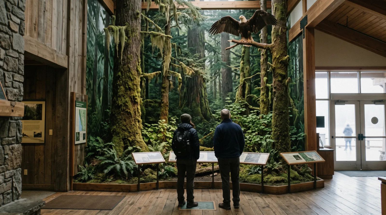 A full-height rainforest diorama inside the Southeast Alaska Discovery Center in Ketchikan, Alaska
