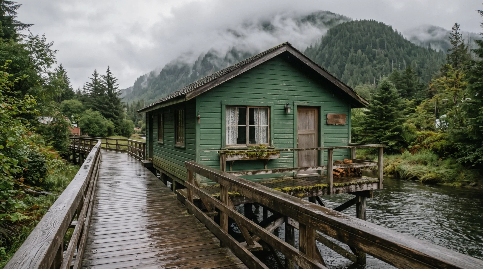 A small green wooden house on pilings directly on the Creek Street boardwalk in Ketchikan, Alaska