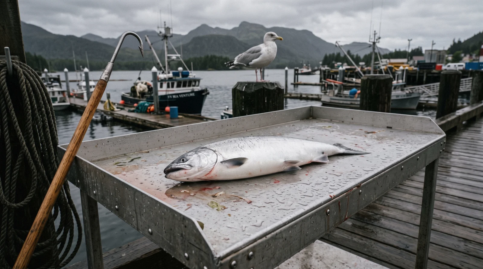 Bright salmon on a wet cleaning table beside a dock in Ketchikan, Alaska, the salmon capital of the world