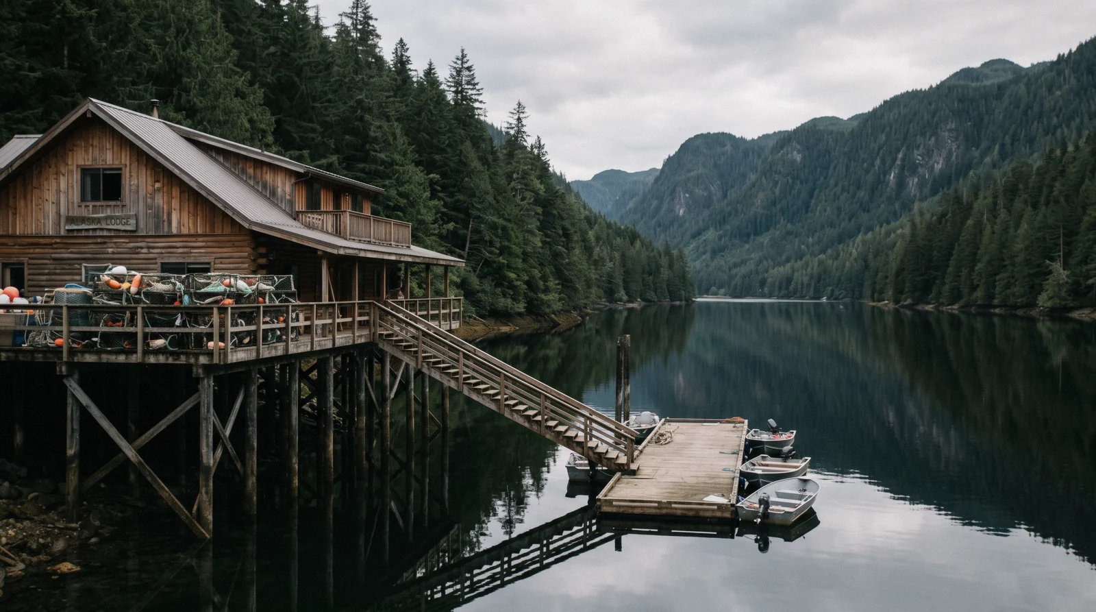 A wooden lodge on pilings at the head of George Inlet near Ketchikan, Alaska, with crab pots on the deck