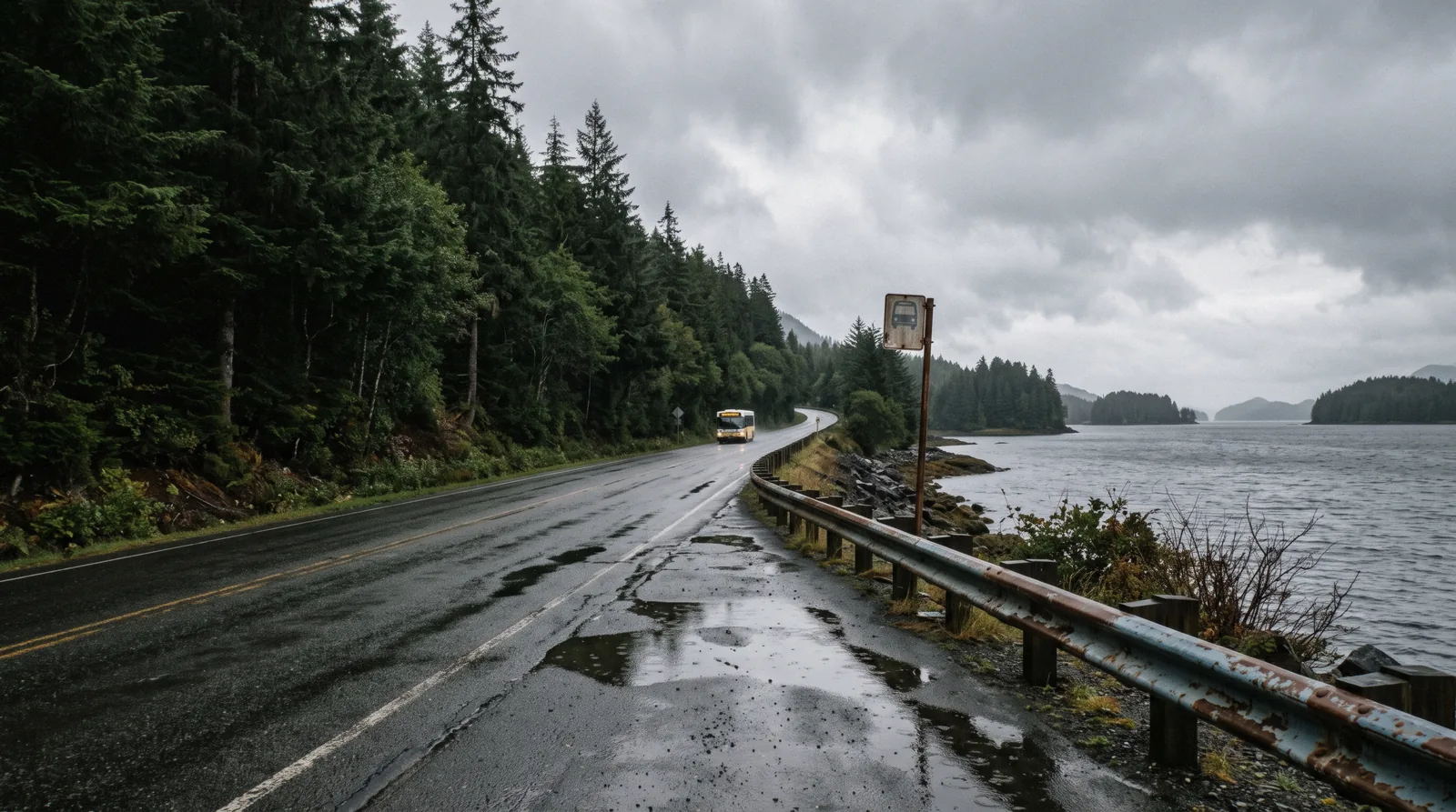 The North Tongass Highway running along the water out of Ketchikan, the road you use getting around Ketchikan