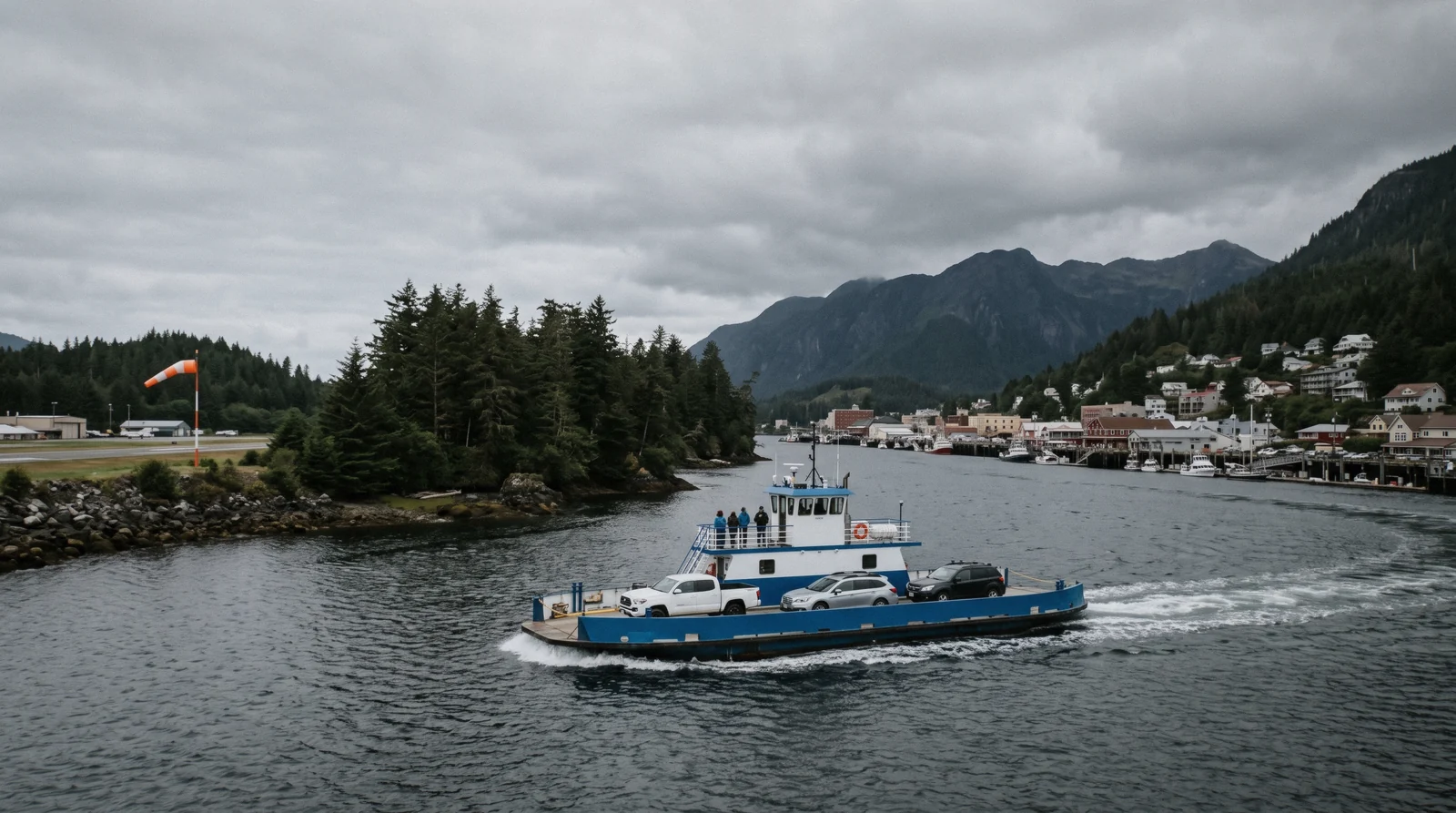 The Gravina Island airport ferry crossing the Tongass Narrows, the way to get to Ketchikan, Alaska from the airport