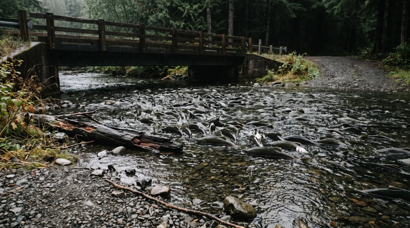 Salmon crowding the shallow water below the road bridge at Herring Cove south of Ketchikan, Alaska