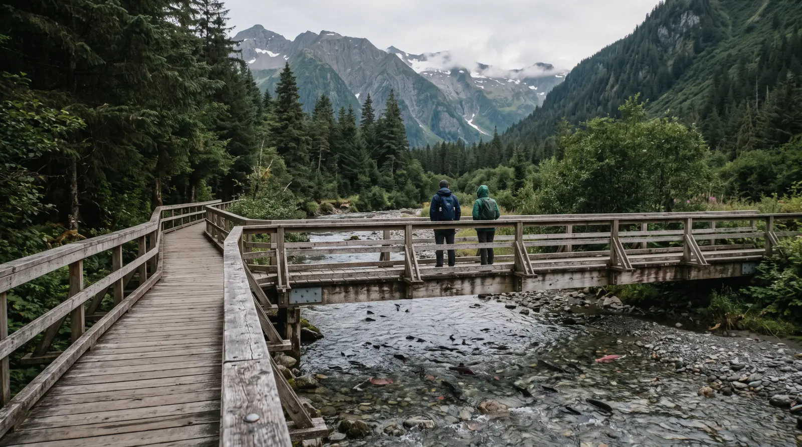 A raised viewing boardwalk above a shallow spawning creek in a forested valley in northern coastal Alaska