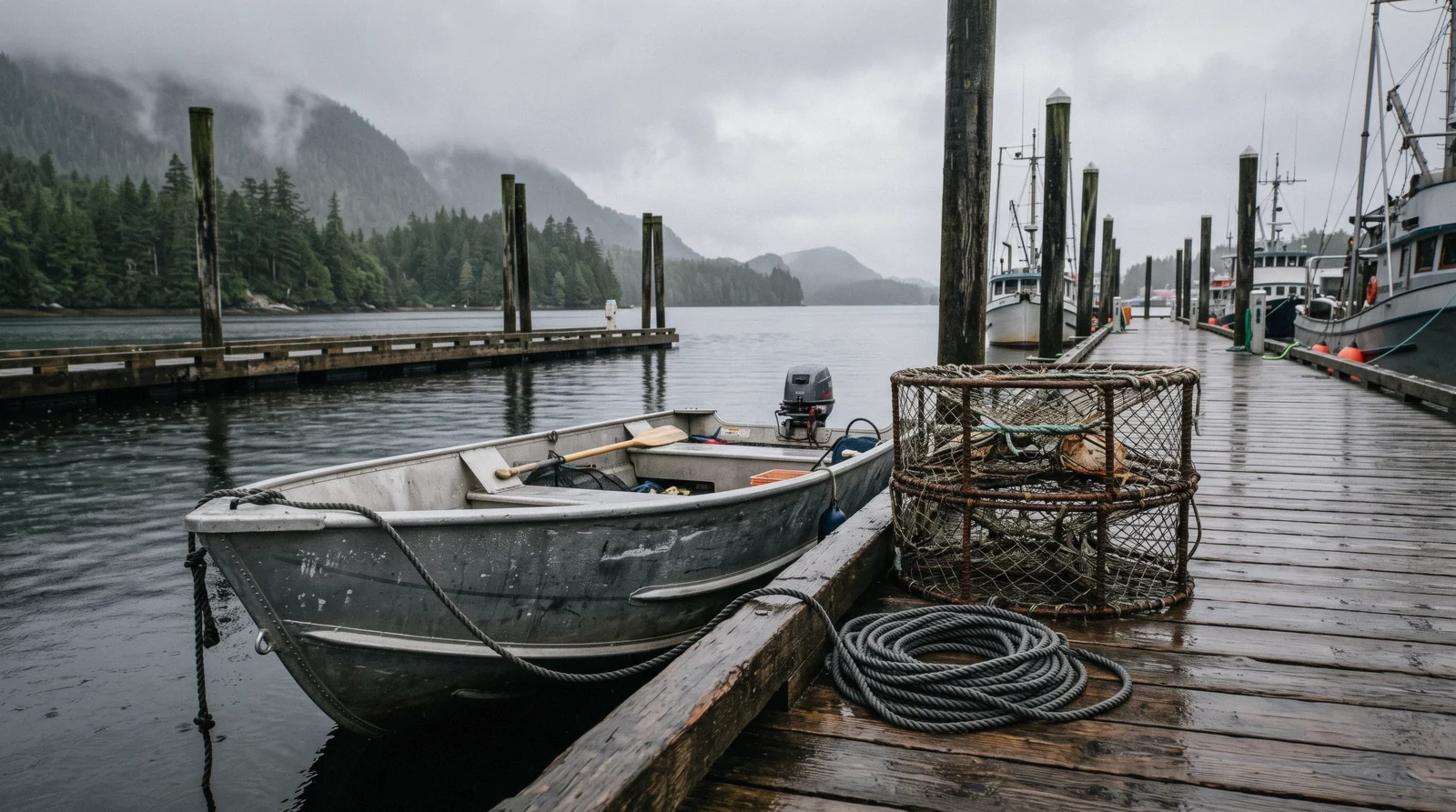 A weathered dock with rope and a crab pot in Ketchikan, where the real costs of a visit are the tours and the seasonal sales tax
