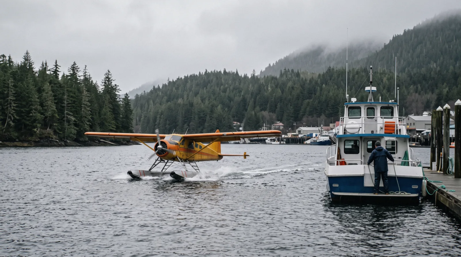A floatplane and a tour boat on Tongass Narrows, two of the Ketchikan shore excursions compared here