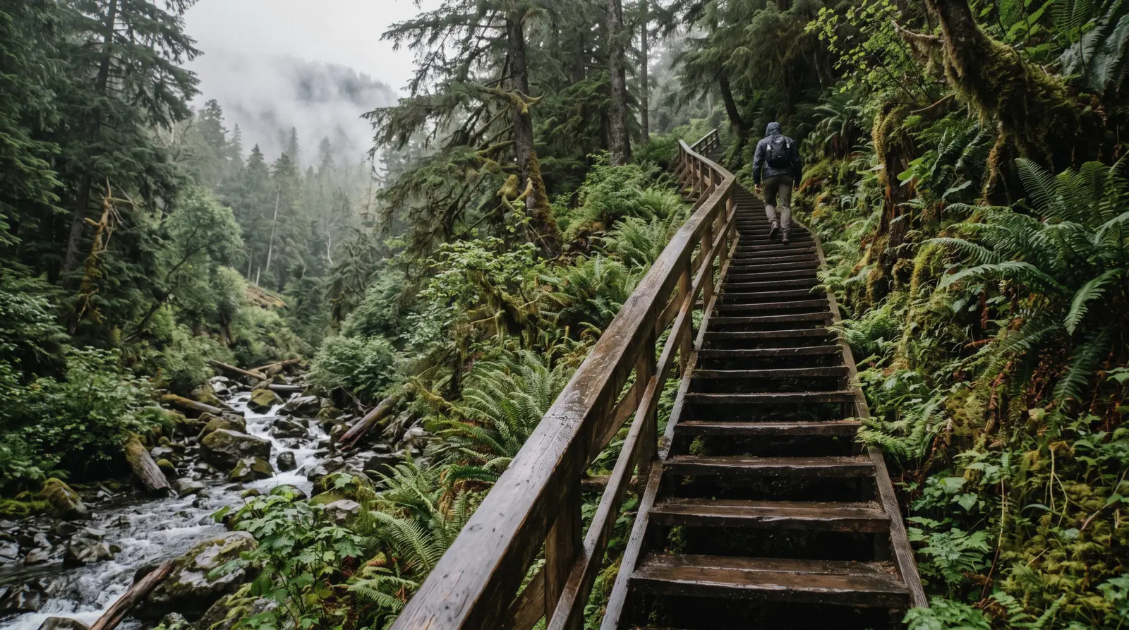 Wet wooden stairs climbing the hillside beside Ketchikan Creek, the free route on a day in Ketchikan without a tour