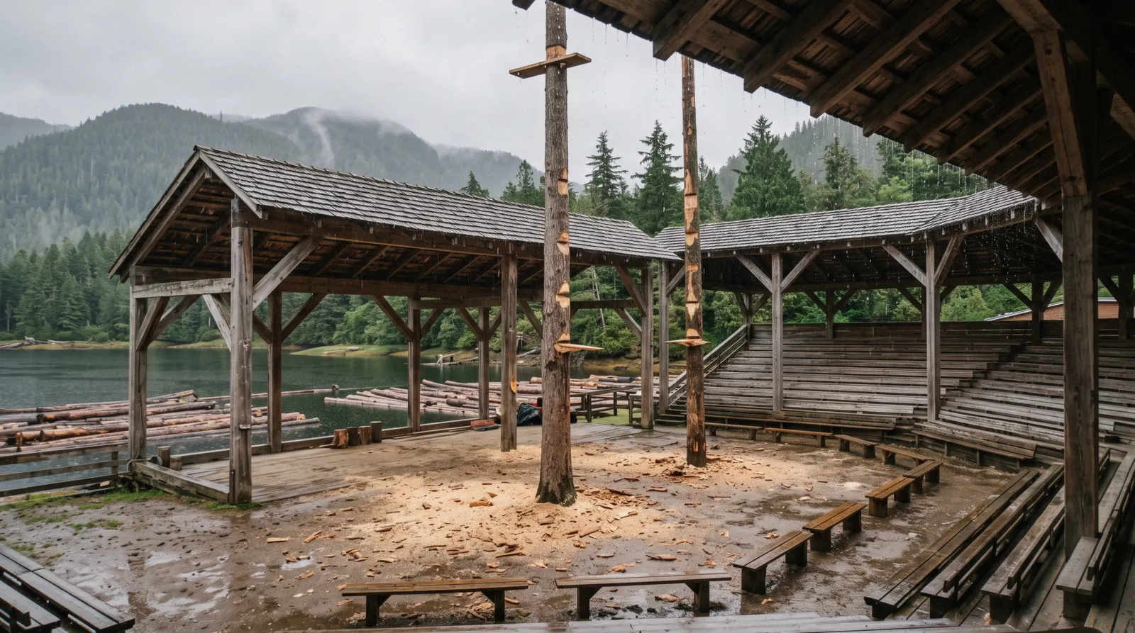 A covered timber arena with springboards cut into two spar poles at the Great Alaskan Lumberjack Show in Ketchikan, Alaska