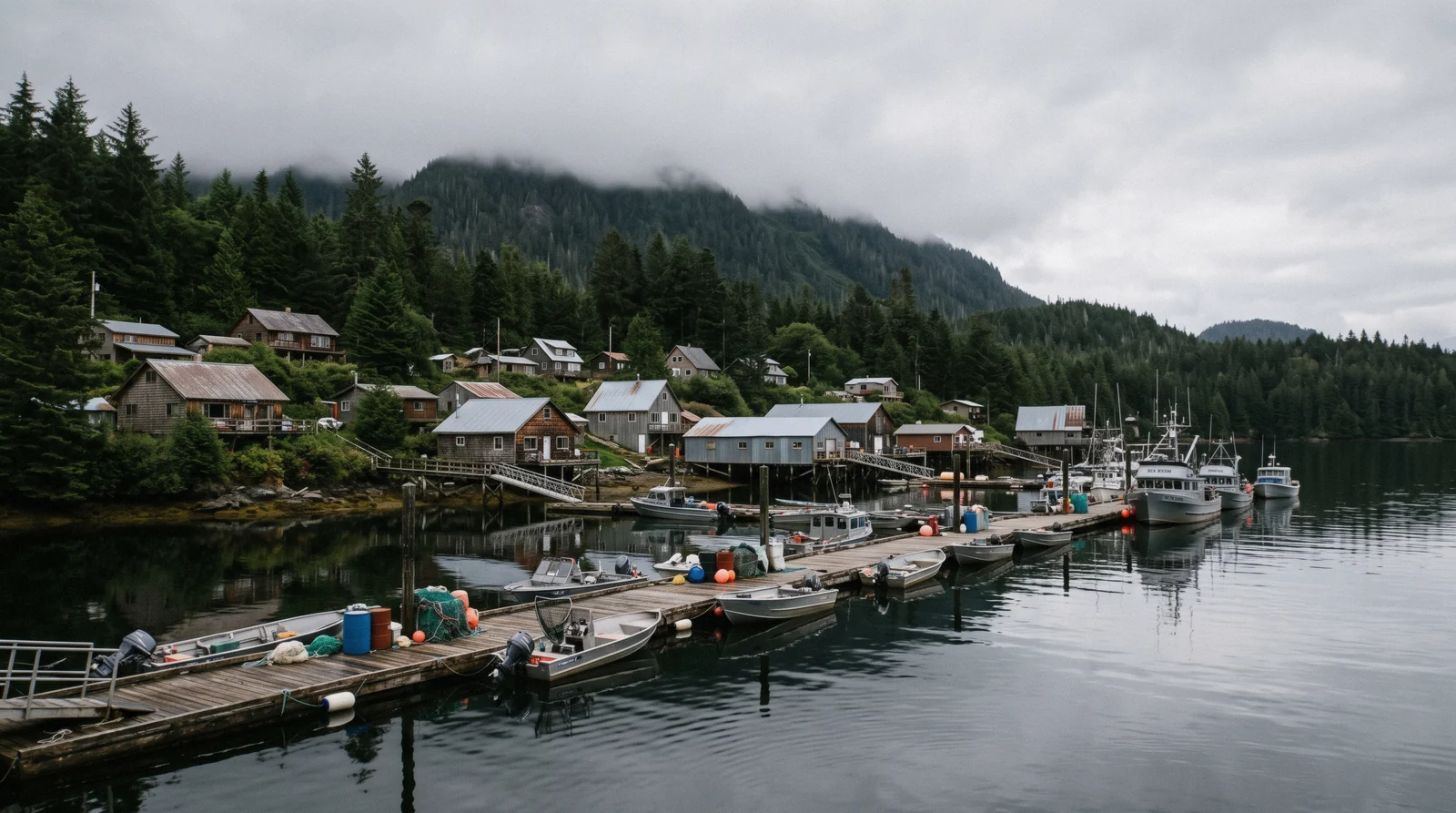A small Southeast Alaskan fishing community with wooden houses and moored skiffs along a forested shore