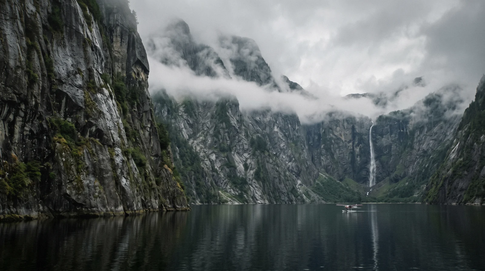 Granite walls dropping into still water in Misty Fjords National Monument east of Ketchikan, Alaska