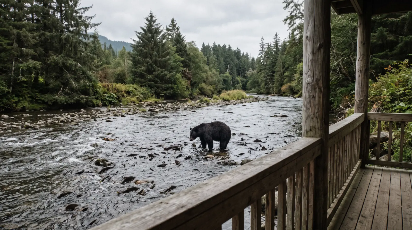 A black bear standing in a hatchery stream seen from a raised viewing platform at Neets Bay near Ketchikan, Alaska