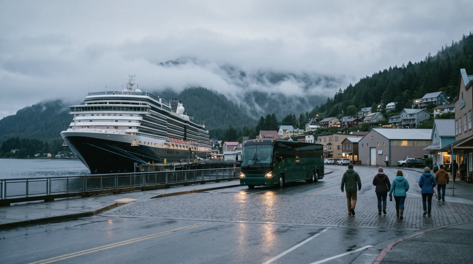 A cruise ship alongside the downtown berth at Ketchikan, Alaska, early on a wet morning