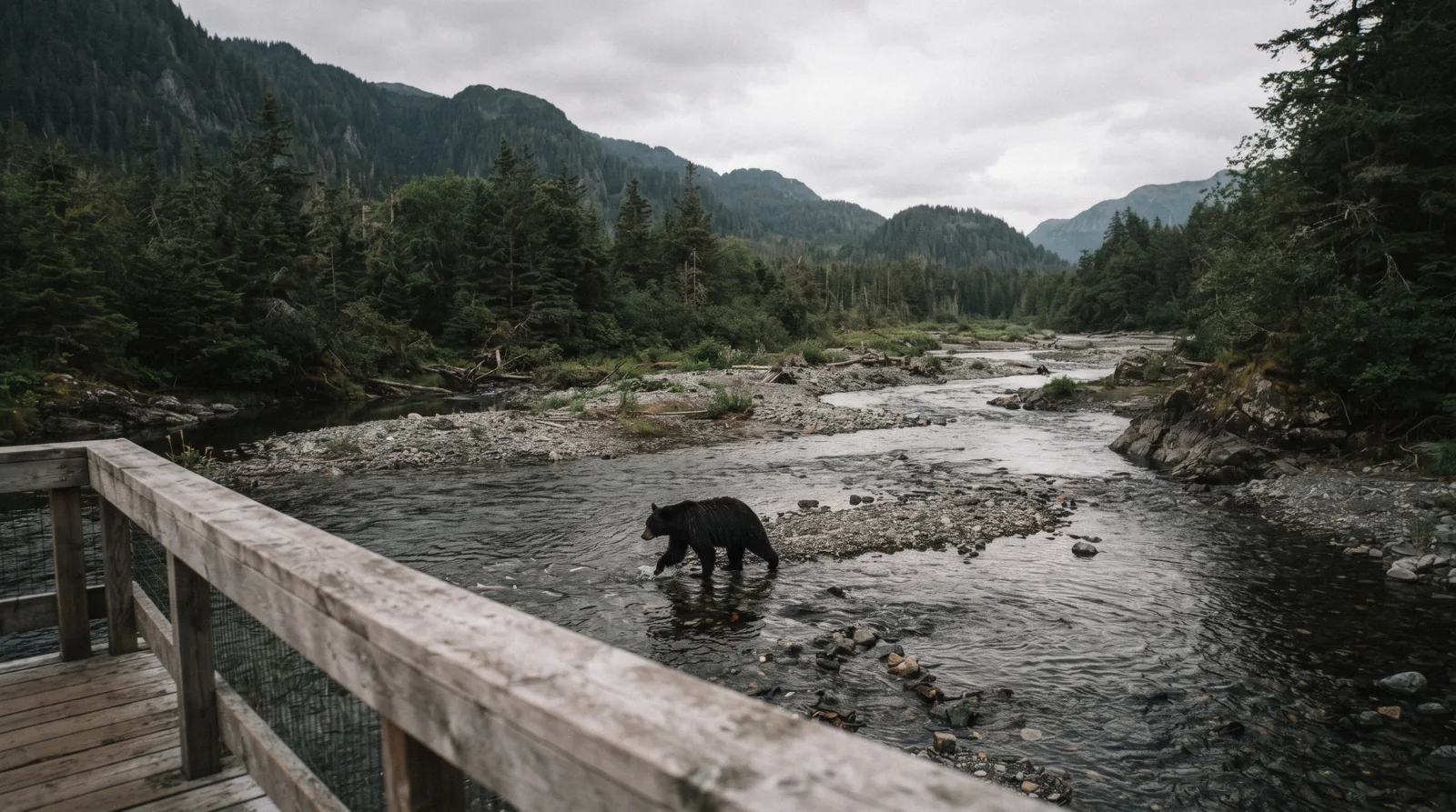 A black bear standing in a shallow hatchery stream seen from a raised platform in coastal Alaska