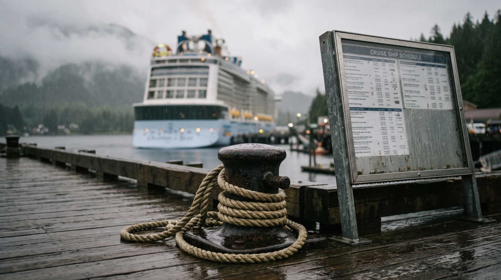 A coil of rope on a wet dock bollard with cruise ships out of focus behind at Ketchikan, Alaska