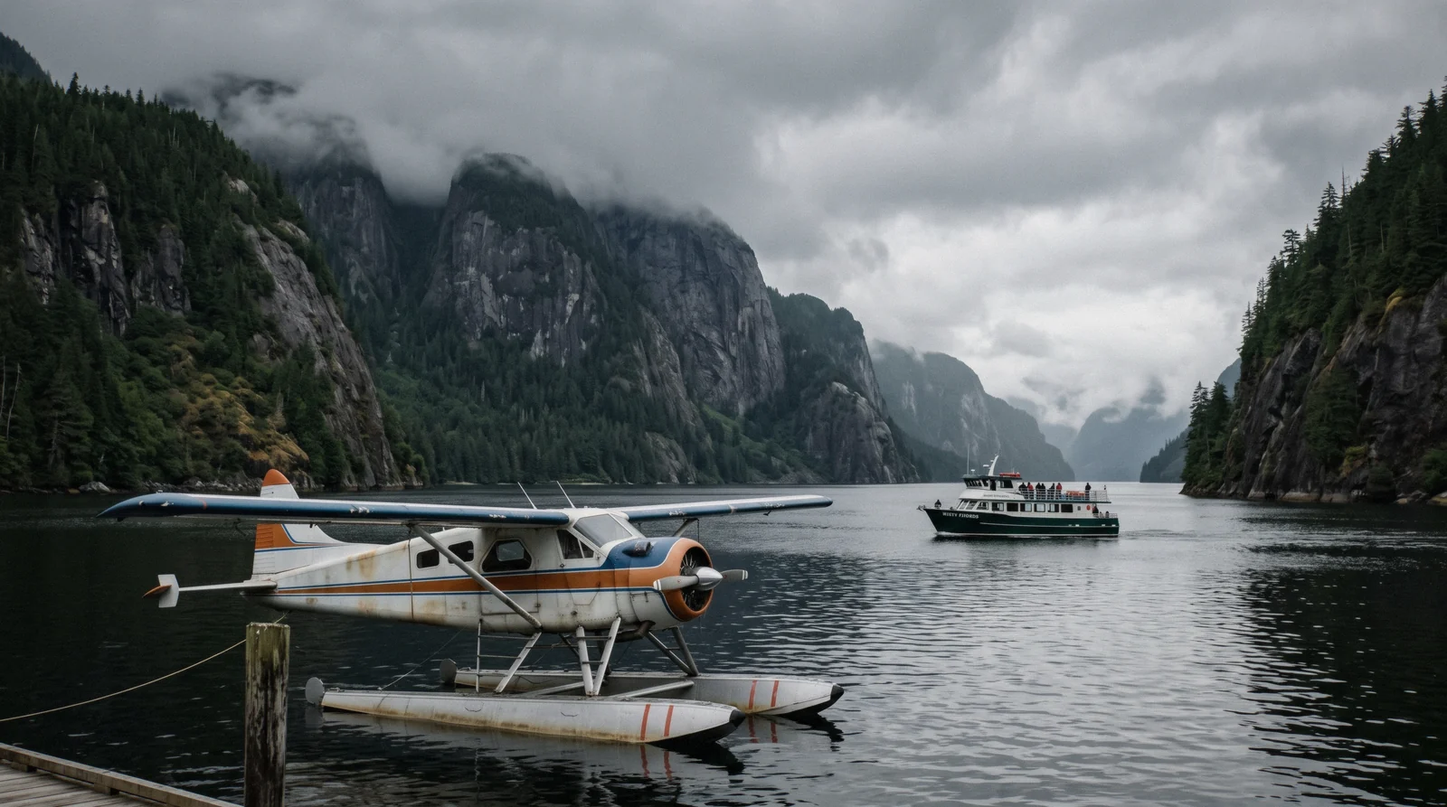 A floatplane in the foreground and a tour boat beyond it on a still fjord below granite walls near Ketchikan, Alaska