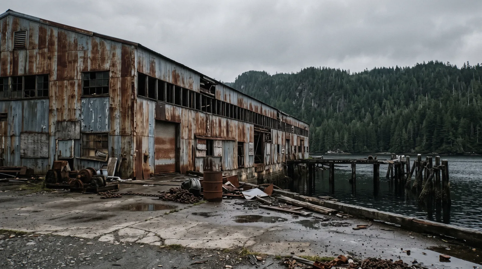 A long derelict corrugated steel industrial building on the waterfront at Ward Cove near Ketchikan, Alaska