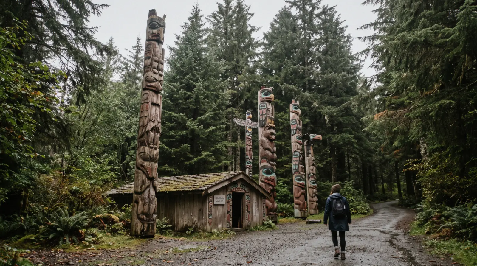 A stand of totem poles and a cedar carving shed at Potlatch Totem Park north of Ketchikan, Alaska