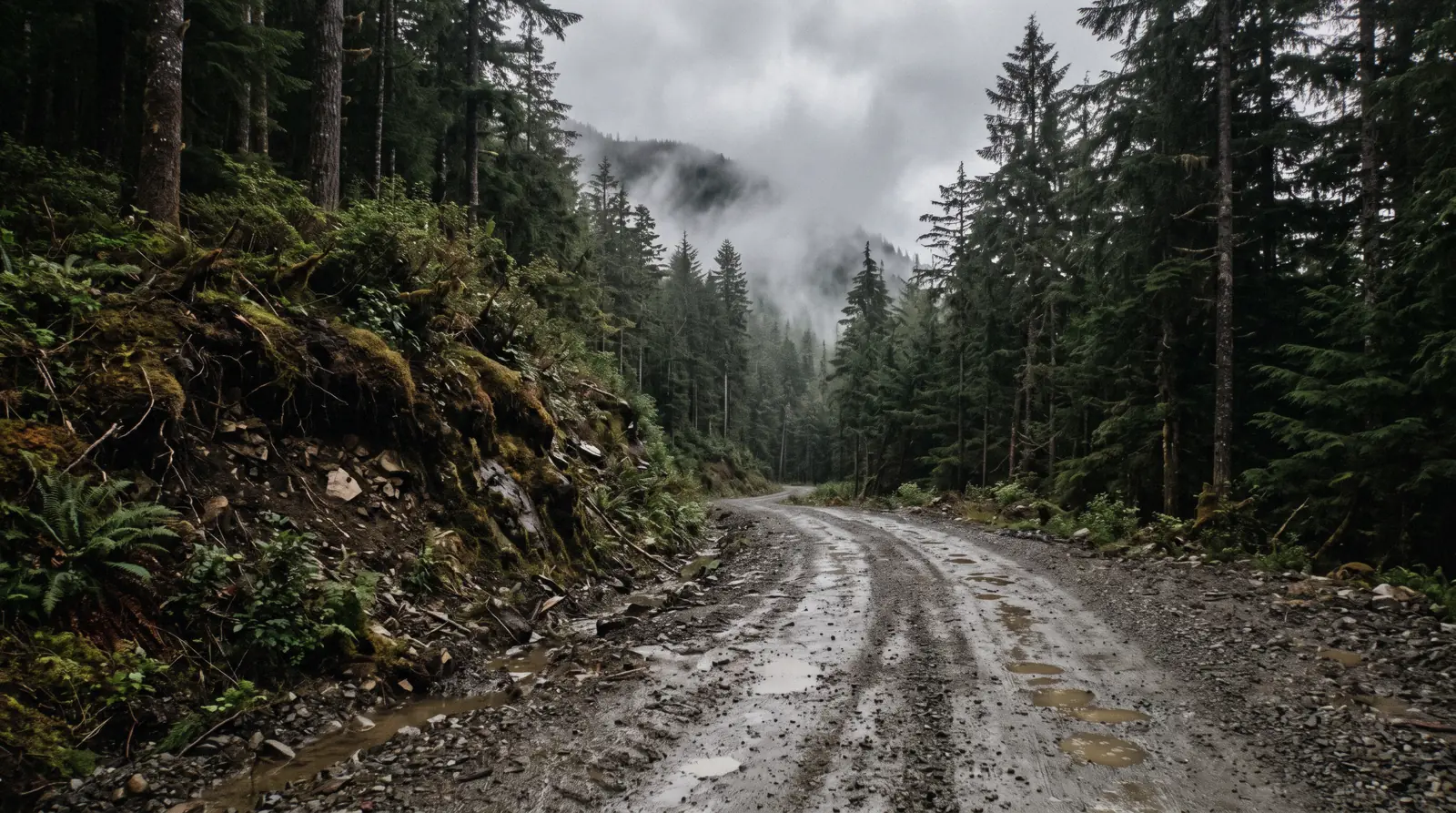 A gravel logging road running between spruce on Prince of Wales Island, Alaska, under low cloud