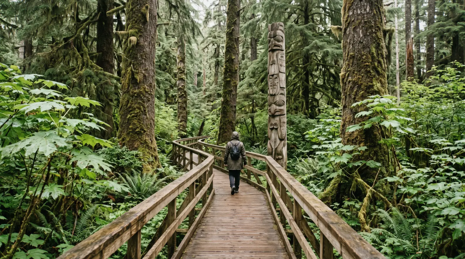 A raised boardwalk between moss-covered spruce trunks at the Alaska Rainforest Sanctuary near Ketchikan, Alaska