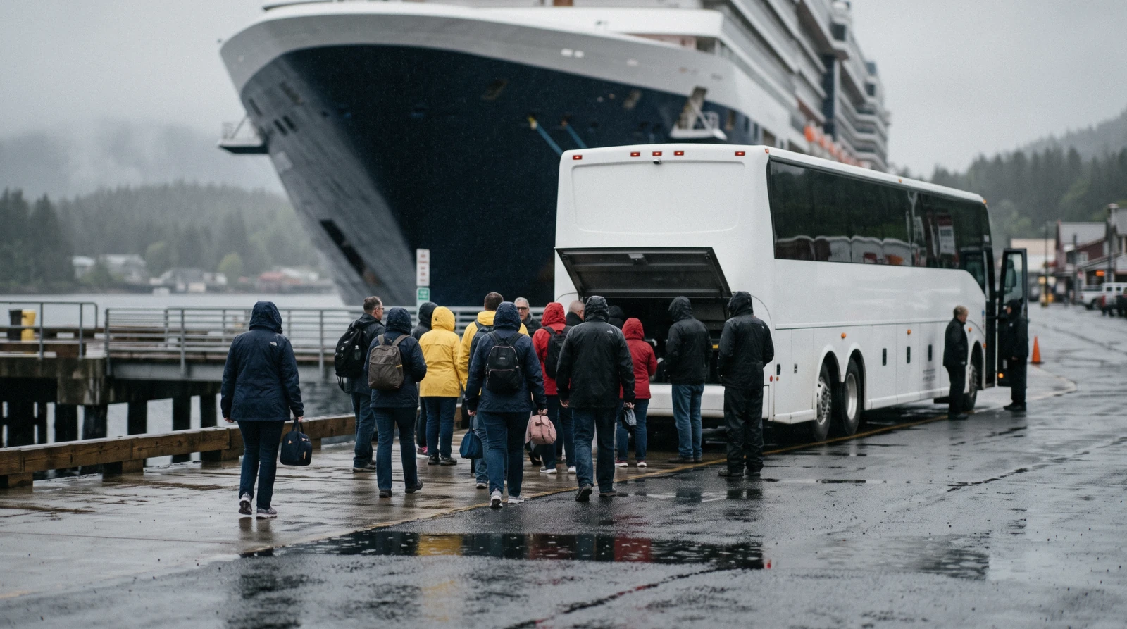 Cruise passengers in rain jackets gathering beside a waiting coach on the dock at Ketchikan, Alaska
