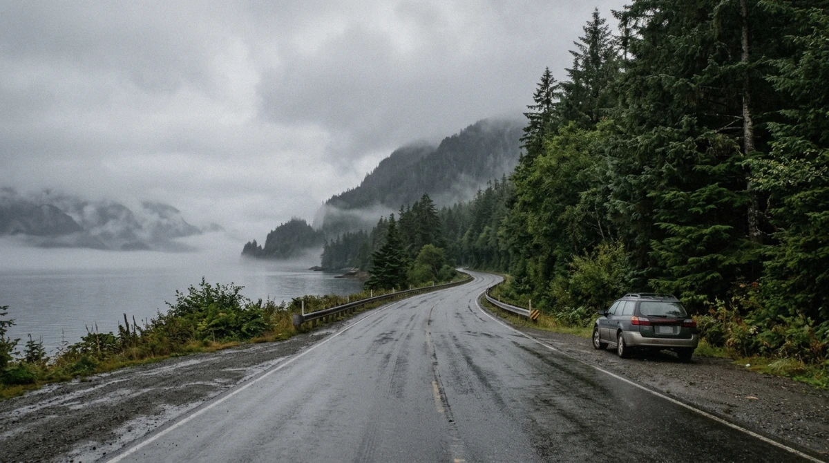 The North Tongass Highway running between the water and the spruce north of Ketchikan, the quieter place to stay in Ketchikan