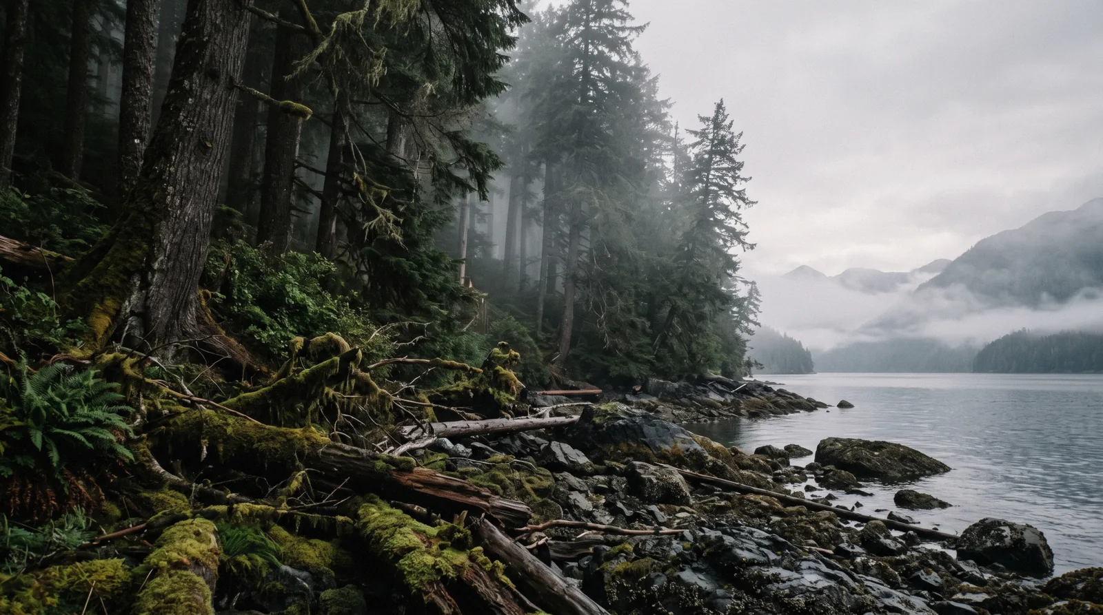 Old-growth spruce running down to a rocky shoreline in the Tongass National Forest in Southeast Alaska