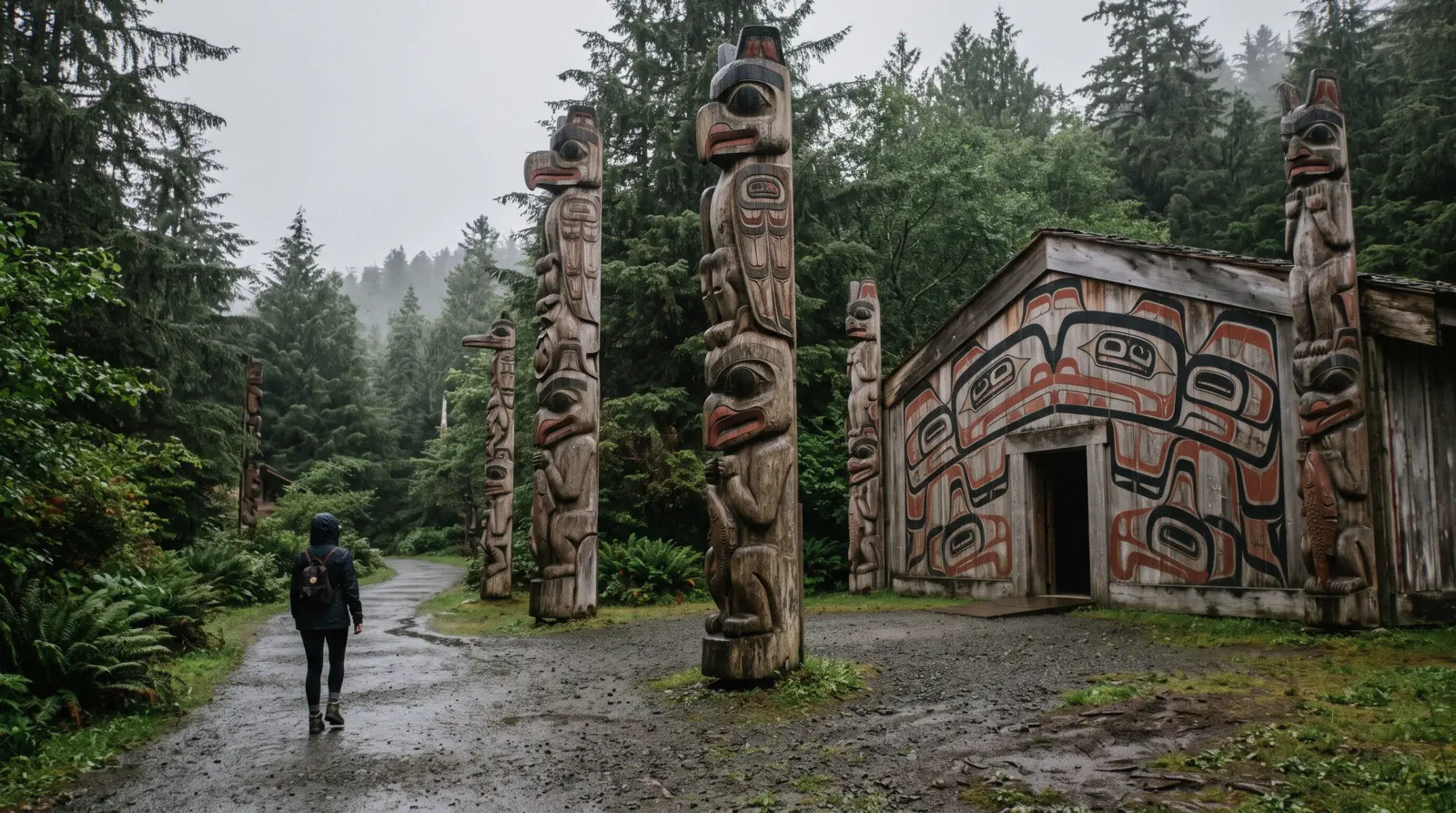 Standing totem poles and the painted clan house at Totem Bight State Historical Park north of Ketchikan, Alaska
