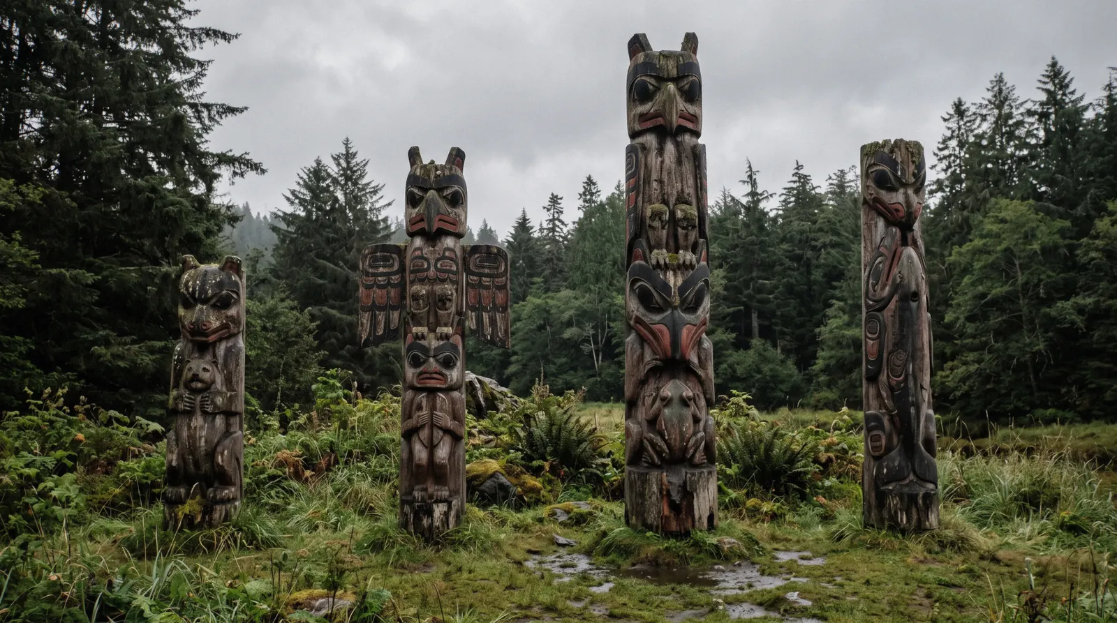 Four weathered totem poles standing against dark spruce near Ketchikan, Alaska