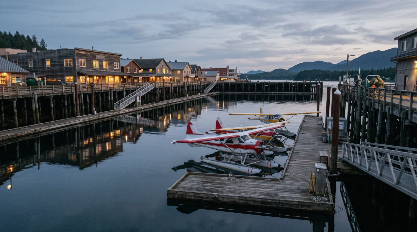 Evening light on the Ketchikan, Alaska waterfront after the cruise ships have gone