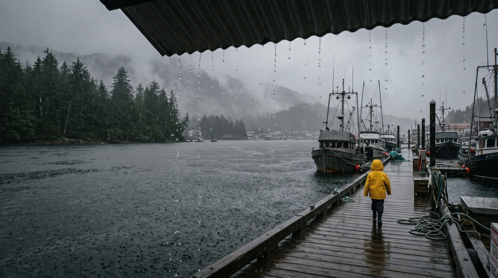 Rain falling on the Tongass Narrows waterfront in Ketchikan, the wettest weather in any American town