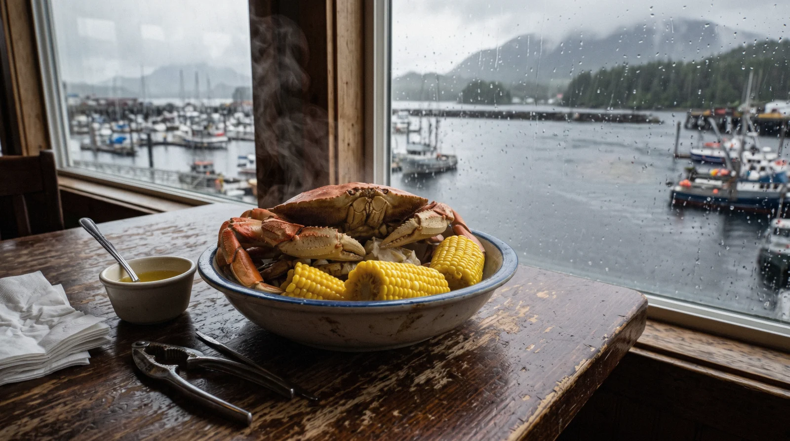 A bowl of Dungeness crab on a table beside a rain-streaked window over the water in Ketchikan, Alaska